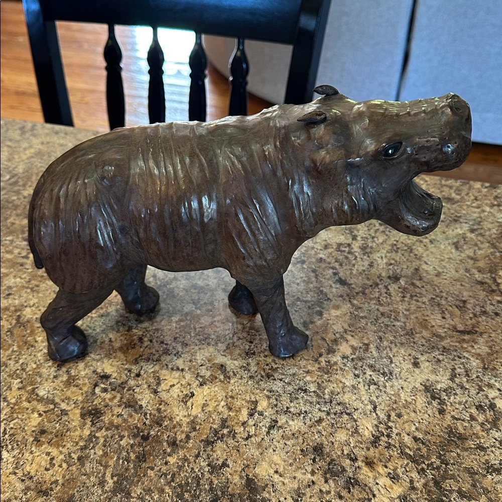 Vintage Leather Wrapped Hippo Sculpture Figure